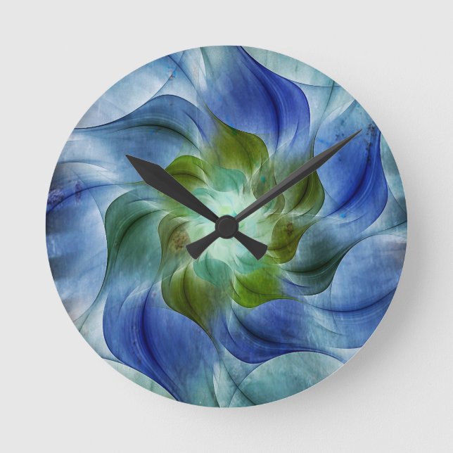 Blue Green Flame Fractal Flower  Round Clock (Front)