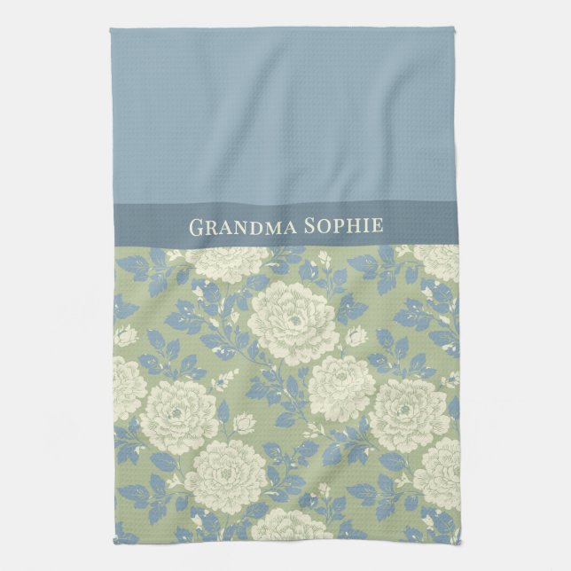 Blue Green Floral Block Print Kitchen Towel (Vertical)