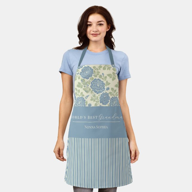 Blue Green Floral Block Print Stripe Apron (Worn)