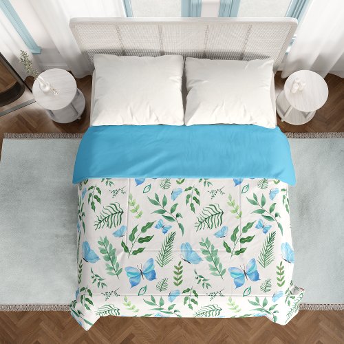 Blue Green Floral Botanical Butterflies  Leaves Duvet Cover