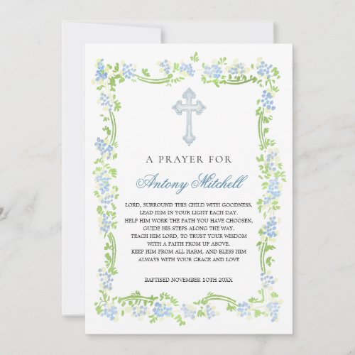 Blue Green Floral Cross Baptism Prayer Invitation