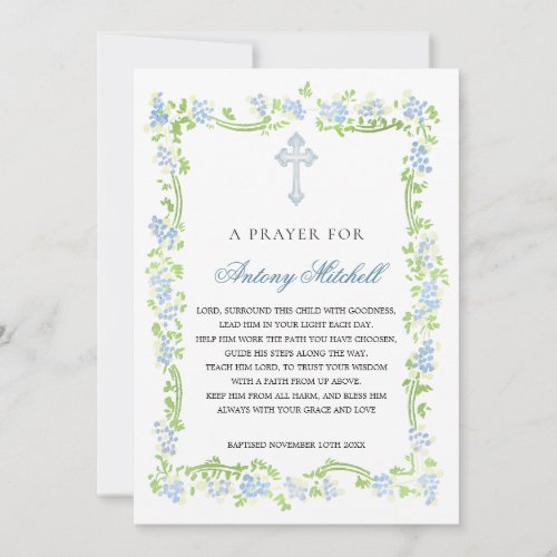 Blue Green Floral Cross Baptism Prayer Invitation