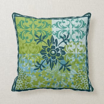 Blue Green Floral Damask Pattern Throw Pillow by PrettyPatternsGifts at Zazzle
