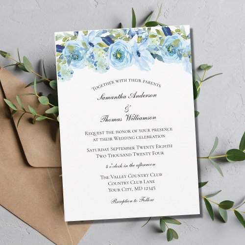 Blue Green Floral Elegant Formal Wedding  Invitation