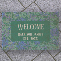Blue Green Floral Family Name Established Welcome Fiber Doormat