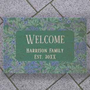 Blue Green Floral Family Name Established Welcome  Fiber Doormat