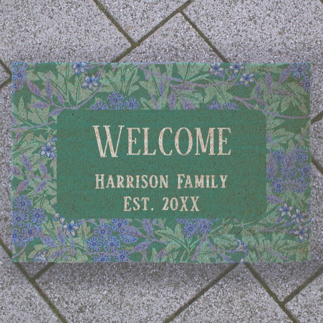 Blue Green Floral Family Name Established Welcome  Fiber Doormat (Creator Uploaded)