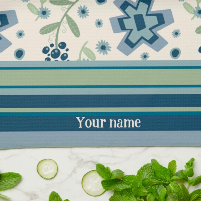 Blue Green Floral Fun Chic Personalized Name Kitchen Towel (Creator Uploaded)