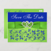 Blue, Green Floral, Hearts Save the Date Postcard (Front/Back)