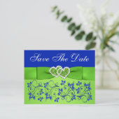 Blue, Green Floral, Hearts Save the Date Postcard (Standing Front)