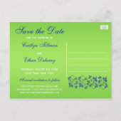 Blue, Green Floral, Hearts Save the Date Postcard (Back)
