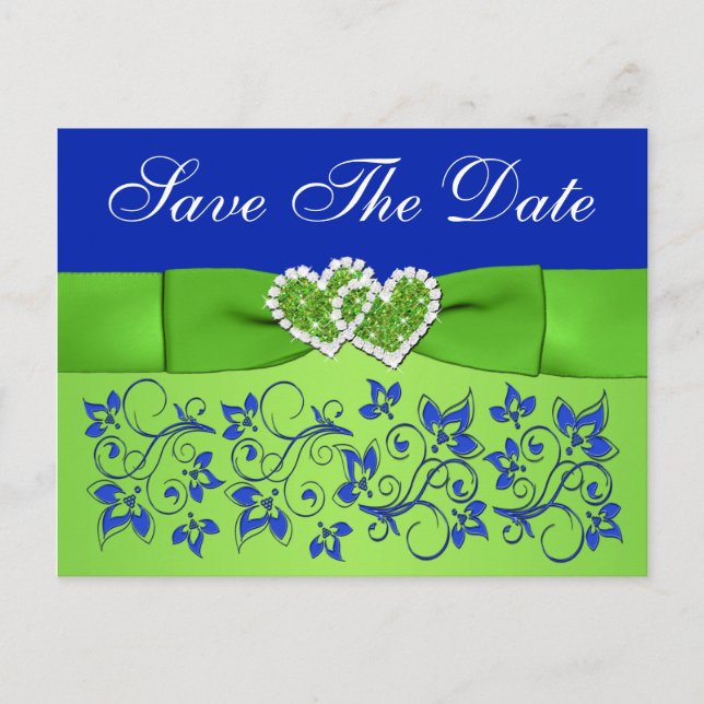 Blue, Green Floral, Hearts Save the Date Postcard (Front)