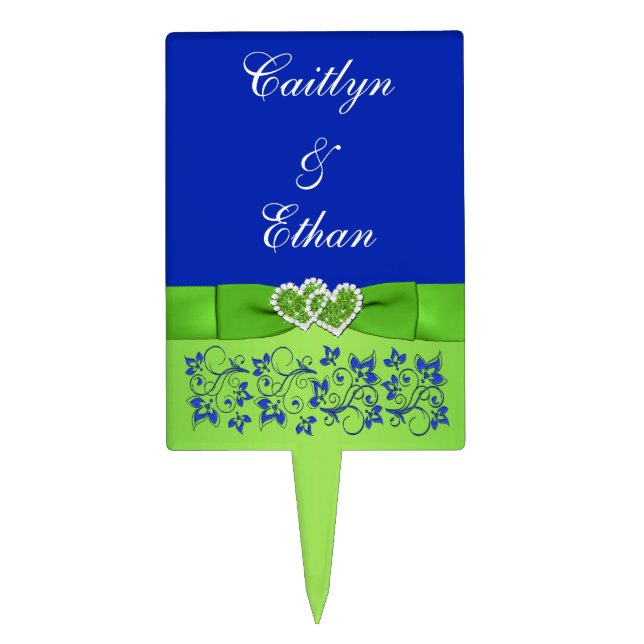 Blue, Green Floral, Hearts Wedding Cake Pick (Front)