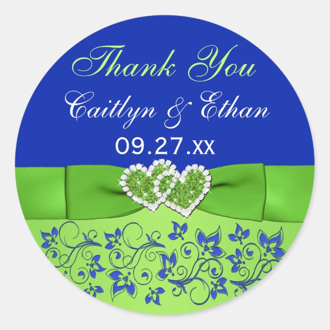 Blue, Green Floral, Hearts Wedding Favor Sticker (Front)