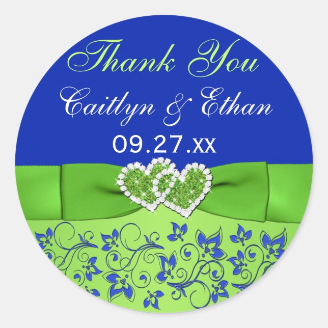 Blue, Green Floral, Hearts Wedding Favor Sticker (Front)
