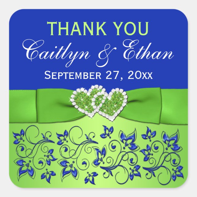 Blue, Green Floral, Hearts Wedding Favor Sticker (Front)