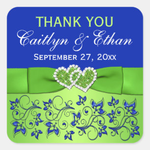 Blue, Green Floral, Hearts Wedding Favor Sticker