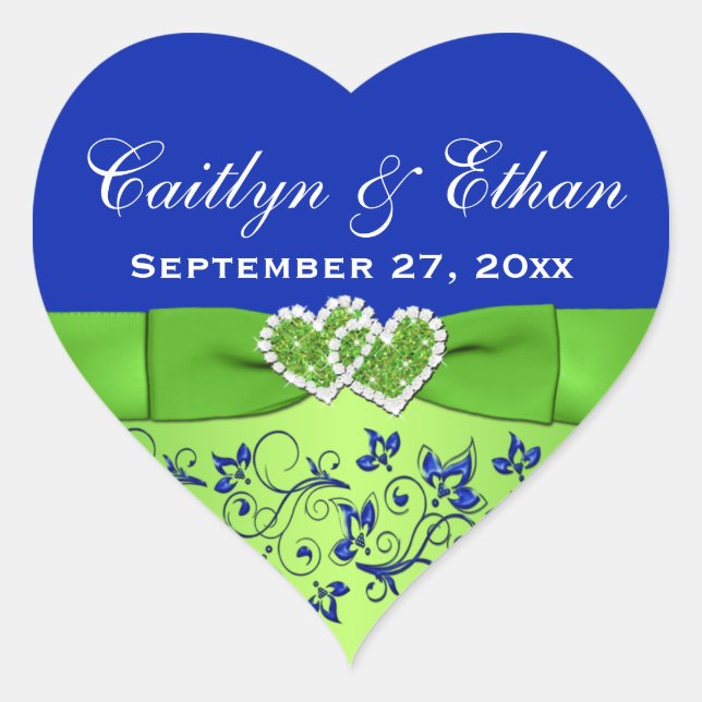 Blue, Green Floral, Hearts Wedding Favor Sticker (Front)