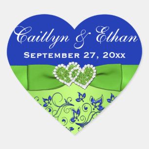 Blue, Green Floral, Hearts Wedding Favor Sticker