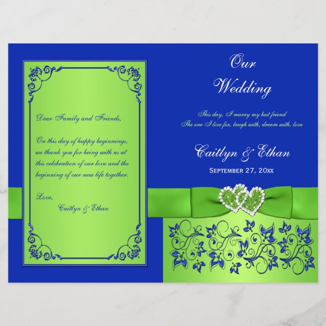 Blue, Green Floral Hearts Wedding Program (Front)