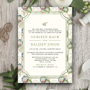 Blue Green Floral Ikat Anand Karaj Sikh Wedding Invitation
