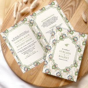 Blue Green Floral Ivory All in One Sikh Wedding Invitation