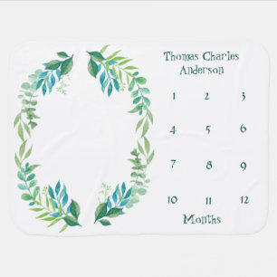 Blue Green Floral Leaves Baby Milestone Boy Baby Blanket