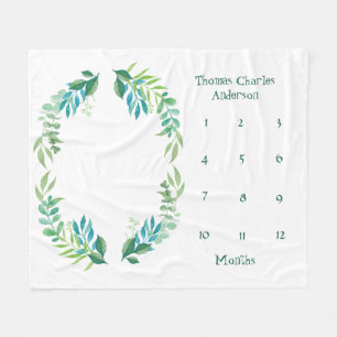 Blue Green Floral Leaves Baby Milestone Boy Baby Fleece Blanket