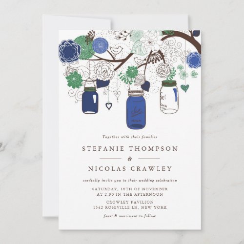 Blue  Green Floral Mason Jars Wedding Invitation