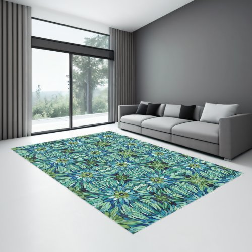 Blue Green Floral Modern Geometric Pattern Indoor  Rug