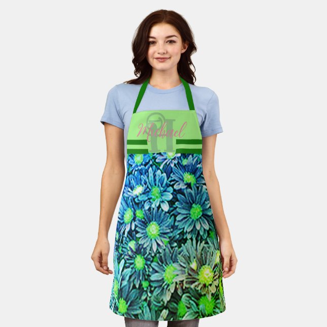 Blue Green Floral Monogrammed Chef Apron Womens (Worn)