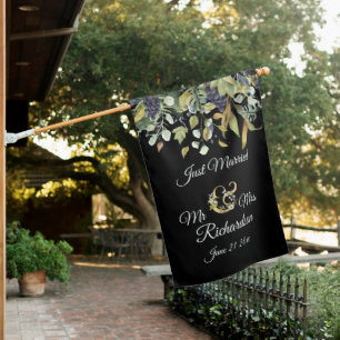 Blue & Green Floral on Black Just Married Wedding House Flag
