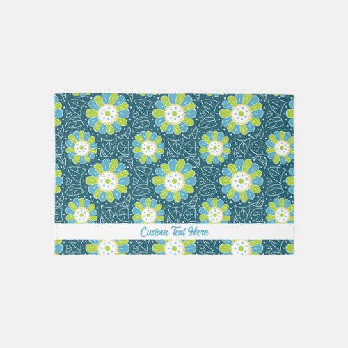 Blue Green Floral Pattern Personalized Text  Rug