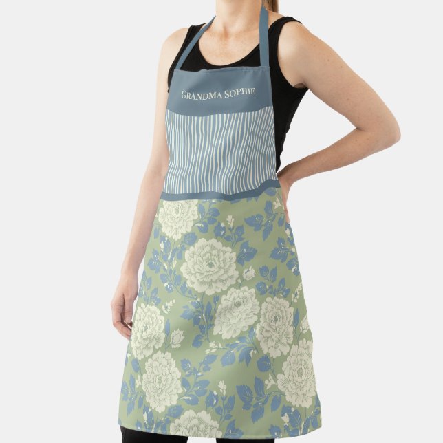 Blue Green Floral Personalized Block Print Stripe Apron (Insitu)