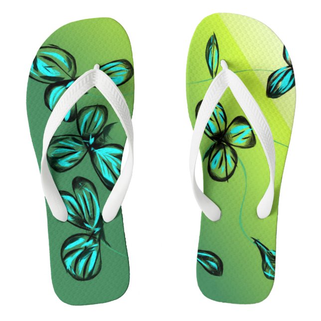 Blue Green Floral Retro Flip Flops (Footbed)