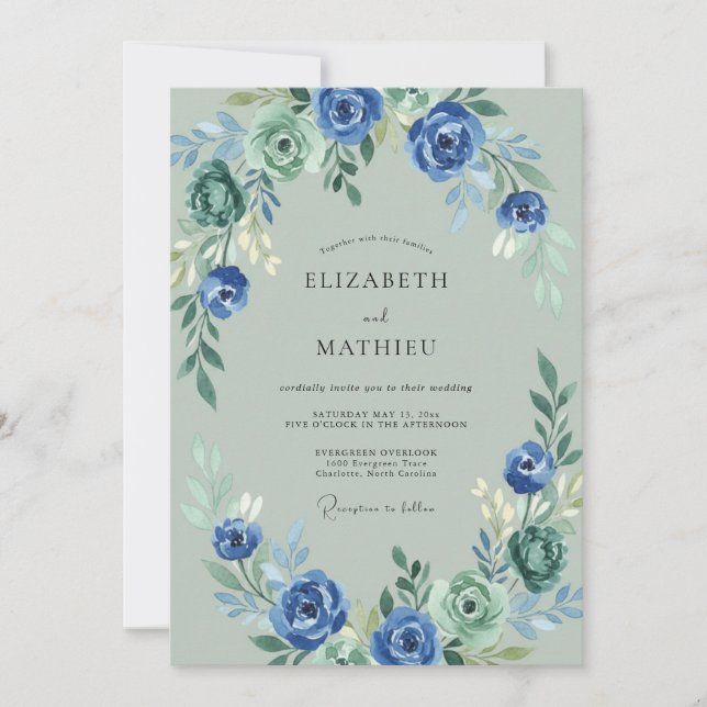 Blue Green Floral Romantic Wedding Invitation (Front)