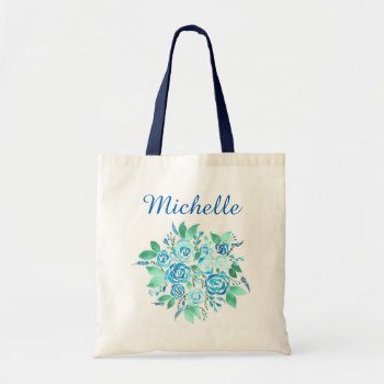 Blue Green Floral Rose With Name Tote Bag by MaggieMart at Zazzle