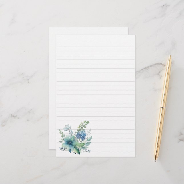 Blue Green Floral Stationery (Front/Back In Situ)