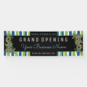 Blue Green Floral Stripes Grand Opening Business Banner