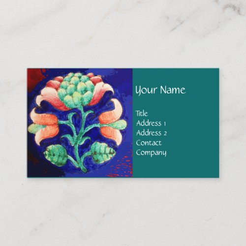 BLUE GREEN FLORAL Stylized Pink Flower Business Card