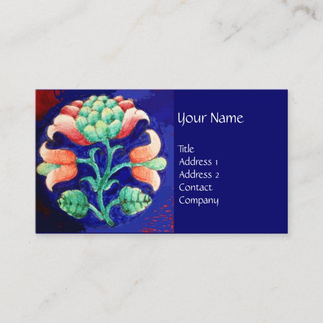 BLUE GREEN FLORAL /Stylized Pink Flower Business Card (Front)