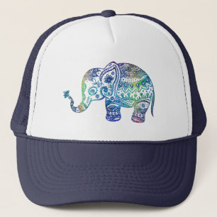 Blue-green floral tribal elephant trucker hat