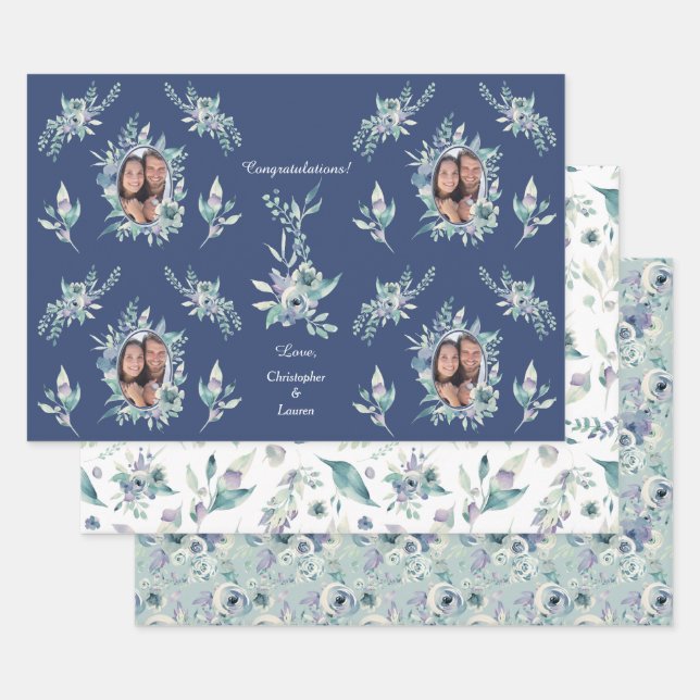 Blue Green Floral Wedding Photo Template Wrapping Paper Sheets (Set)