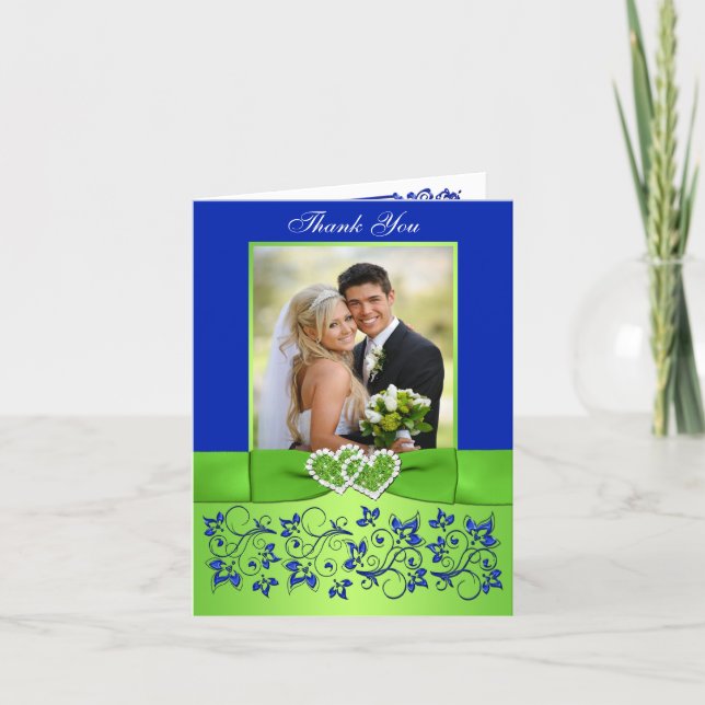 Blue, Green Floral Wedding Photo Thank You Card (Front)