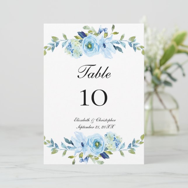 Blue Green Floral Wedding Table Number Cards (Standing Front)