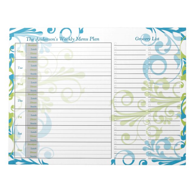 Blue Green Floral Weekly Personalized Menu Plan Notepad (Front)