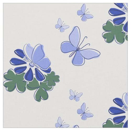 Blue Green Flower Butterfly Doodle Fabric