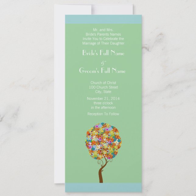 Blue Green Flower Love Tree Wedding Invitation (Front)