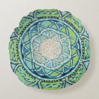 Blue Green Flower of Life Mandala Round Pillow