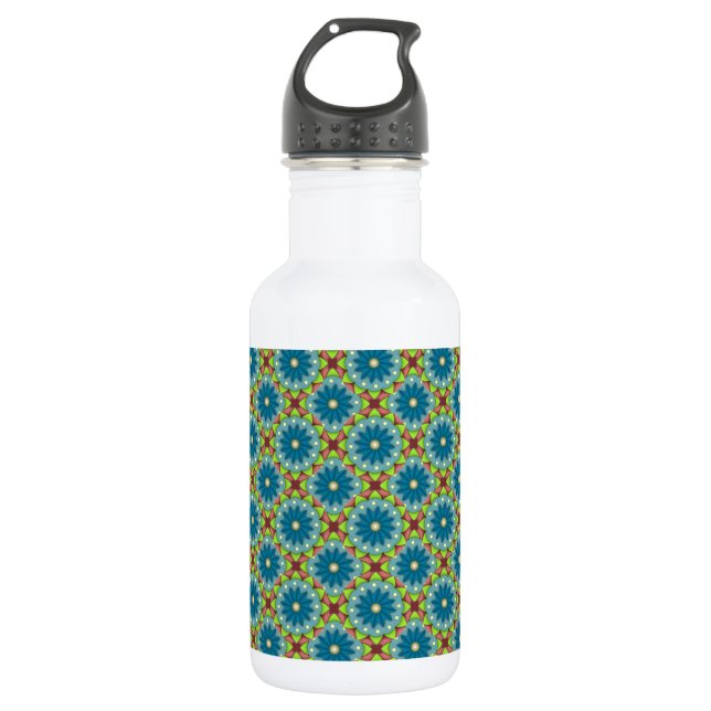 Blue Green Flowered Pattern Water Bottle (Front)